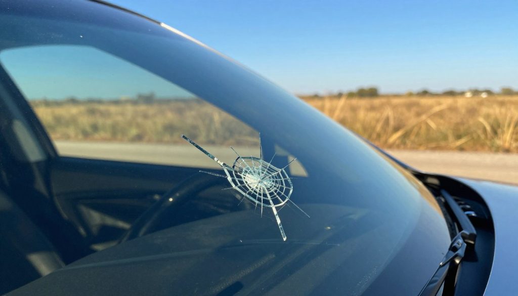 A close-up view of a car windshield featuring a small, intricate crack, illuminated by bright sunlight to emphasize the details. In the foreground, the crack should be sharply in focus, showcasing the jagged edges and how it might appear to grow. The middle ground includes the texture of the car window, reflecting warmth, and subtle heat waves above it. The background fades into a distant Texas landscape, complete with dry grasses and clear blue sky, suggesting the intense heat of the environment. The overall mood should convey a sense of urgency and caution, using vibrant colors and natural lighting to enhance clarity and impact.