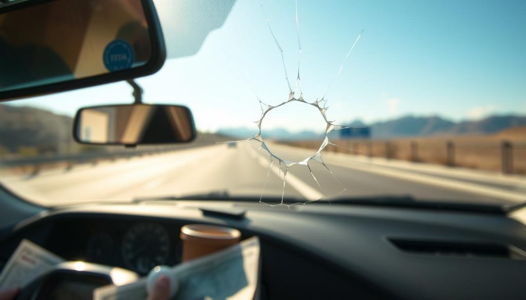 A close-up view of a car windshield with a visible chip or crack, showcasing the risk of damage before a road trip. In the foreground, the windshield is sharply in focus, highlighting the irregular shape and edges of the chip. The middle ground features the car's dashboard with a map and travel essentials subtly arranged, indicating preparation for a journey. In the background, a serene highway scene with bright blue skies and distant mountains suggests an upcoming road trip. The lighting is natural and warm, simulating early morning sun, casting gentle reflections on the glass. The mood conveys a sense of caution mixed with adventure, emphasizing the importance of addressing windshield issues before traveling.