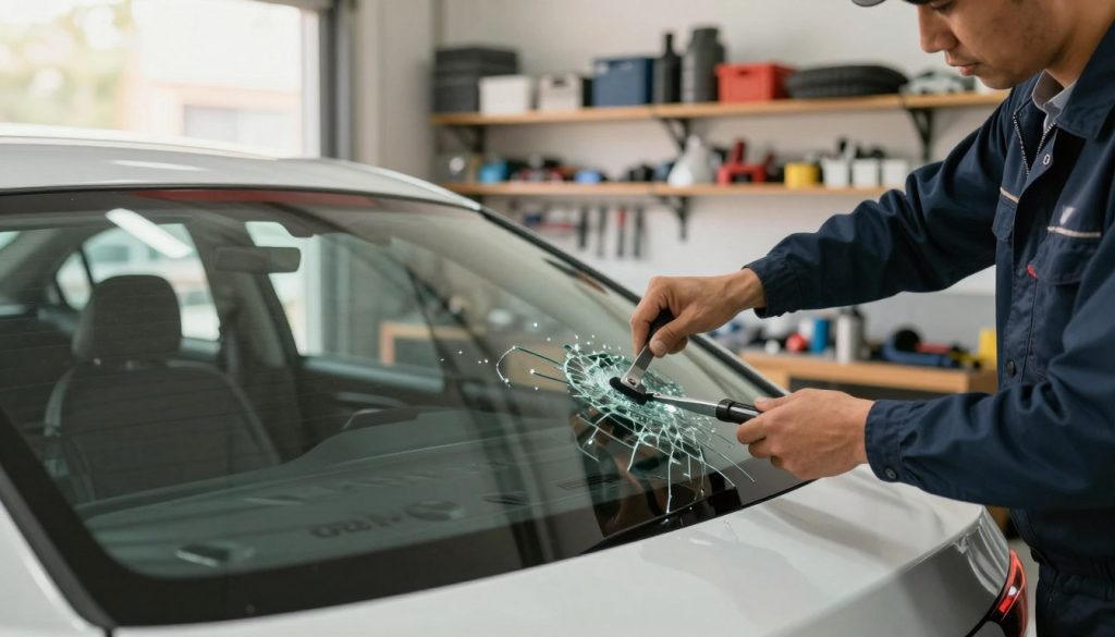 A close-up view of a car's rear windshield being replaced, showcasing a technician in professional business attire carefully removing the shattered glass. The technician's hands are engaged with tools and the new glass panel, reflecting focus and expertise. In the background, a well-organized automotive shop is softly illuminated with diffused lighting, highlighting the tools of the trade and spare parts on shelves, creating a sense of industrious ambiance. The composition captures the tension of the moment, emphasizing the importance of maintaining vehicle safety, while the mid-afternoon light filters through the shop's windows, adding a warm glow. The image conveys a serious yet reassuring atmosphere, suitable for illustrating signs of needing rear auto glass replacement. A close-up view of a car's rear windshield being replaced, showcasing a technician in professional business attire carefully removing the shattered glass. The technician's hands are engaged with tools and the new glass panel, reflecting focus and expertise. In the background, a well-organized automotive shop is softly illuminated with diffused lighting, highlighting the tools of the trade and spare parts on shelves, creating a sense of industrious ambiance. The composition captures the tension of the moment, emphasizing the importance of maintaining vehicle safety, while the mid-afternoon light filters through the shop's windows, adding a warm glow. The image conveys a serious yet reassuring atmosphere, suitable for illustrating signs of needing rear auto glass replacement.