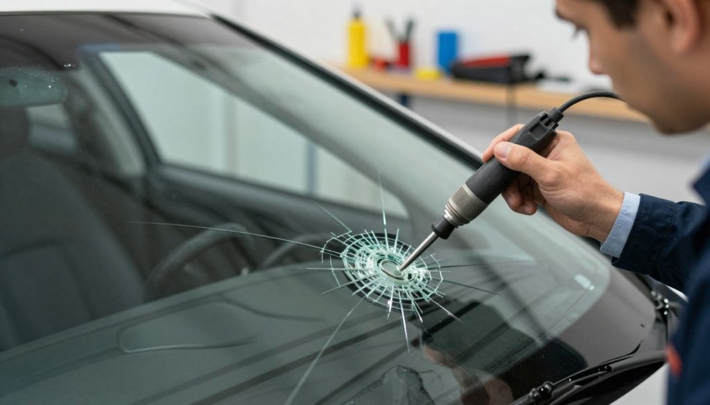 A close-up view of a cracked windshield being repaired, focusing on a technician applying a resin solution to the crack. In the foreground, the technician, dressed in professional business attire, uses a specialized tool to inject the resin into the glass, demonstrating precision and skill. In the middle ground, the cracked windshield shows clear detail of the damage and the repair process in action, with the resin filling the crack and reflecting light. The background features a slightly blurred auto repair shop environment, with tools and equipment visible, enhancing the authenticity of the scene. Soft, natural lighting illuminates the area, creating a clean and professional atmosphere, emphasizing the importance of proper windshield repair.