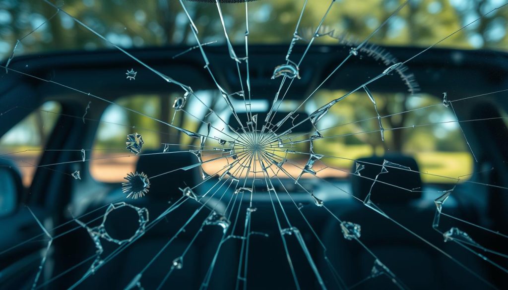 A close-up view of a damaged windshield featuring several distinct chips and cracks highlighting various sizes and visibility levels. The foreground showcases the intricate details of the glass surface, with stress lines radiating from a central impact point. In the middle ground, a vehicle interior is subtly blurred to emphasize the damaged glass while providing context. The background includes an outdoor setting with soft natural light filtering through trees, casting gentle shadows on the windshield. The atmosphere is informative and focused, aiming to highlight the reality of windshield repair decisions, without distractions. The composition should evoke a sense of clarity and importance regarding the subject matter.