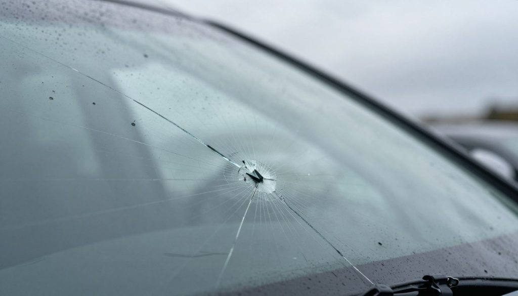 A close-up view of a damaged windshield showcasing a significant crack and several smaller chips. The foreground should highlight the intricate details of the crack, with sharp lines illustrating the impact point surrounded by a spiderweb pattern of fractures. In the middle, a blurred view of raindrops cascading down the windshield, giving a sense of recent adverse weather conditions affecting visibility. The background should be softly blurred, depicting an overcast sky with gray clouds, enhancing the mood of gloom and highlighting the deterioration of windshield integrity due to the elements. Utilize soft, diffused lighting to create a realistic and somber atmosphere, capturing the essence of outdoor conditions impacting vehicle safety. The angle should be slightly tilted to emphasize the chaotic nature of the crack while maintaining a clean, professional aesthetic.