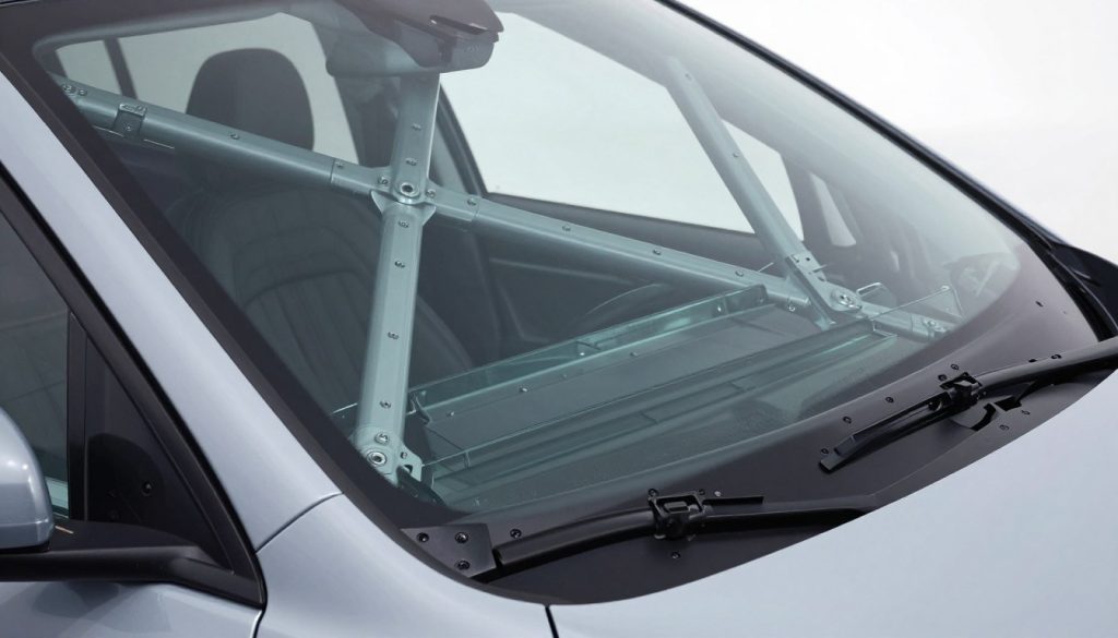 A close-up view of a modern windshield structural support system, showcasing its intricate design and materials. In the foreground, focus on the robust, reinforced polymer and metal frames that provide stability, displayed under bright studio lighting to highlight precision engineering. In the middle, incorporate layers of laminated safety glass, demonstrating their resilience to impact. In the background, depict a faint outline of a vehicle's cabin, suggesting connection to driver safety without distraction. Use a slight tilt from a low angle to emphasize the supportive architecture, conveying a sense of innovation and security. The atmosphere should be professional and futuristic, reflecting advancements in windshield safety technology. A close-up view of a modern windshield structural support system, showcasing its intricate design and materials. In the foreground, focus on the robust, reinforced polymer and metal frames that provide stability, displayed under bright studio lighting to highlight precision engineering. In the middle, incorporate layers of laminated safety glass, demonstrating their resilience to impact. In the background, depict a faint outline of a vehicle's cabin, suggesting connection to driver safety without distraction. Use a slight tilt from a low angle to emphasize the supportive architecture, conveying a sense of innovation and security. The atmosphere should be professional and futuristic, reflecting advancements in windshield safety technology.