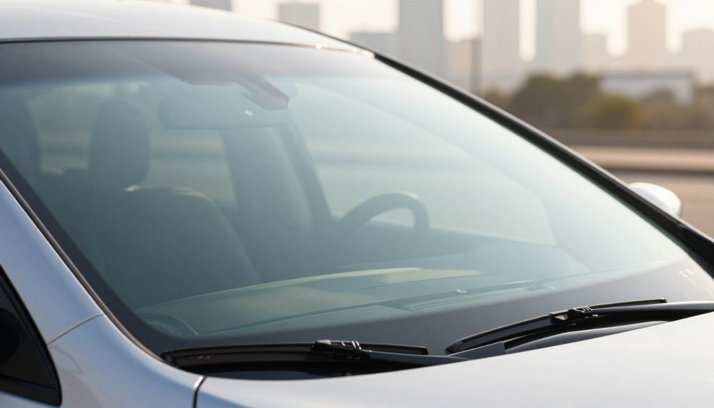 A close-up view of a pristine automotive windshield, reflecting brilliant sunlight that highlights its clarity and quality. In the foreground, the windshield takes center stage, showcasing its smooth surface and flawless finish. The middle ground features a blurred but identifiable car interior, emphasizing the importance of maintaining visibility while driving. In the background, a subtle representation of a cityscape, hinting at San Antonio’s skyline, creates context without overshadowing the windshield. The lighting is bright and warm, enhancing the image's inviting yet professional tone. The atmosphere conveys safety and reliability, essential for driving. The angle captures the windshield from a slightly elevated perspective, giving a flattering view while eliminating distractions. A close-up view of a pristine automotive windshield, reflecting brilliant sunlight that highlights its clarity and quality. In the foreground, the windshield takes center stage, showcasing its smooth surface and flawless finish. The middle ground features a blurred but identifiable car interior, emphasizing the importance of maintaining visibility while driving. In the background, a subtle representation of a cityscape, hinting at San Antonio’s skyline, creates context without overshadowing the windshield. The lighting is bright and warm, enhancing the image's inviting yet professional tone. The atmosphere conveys safety and reliability, essential for driving. The angle captures the windshield from a slightly elevated perspective, giving a flattering view while eliminating distractions.