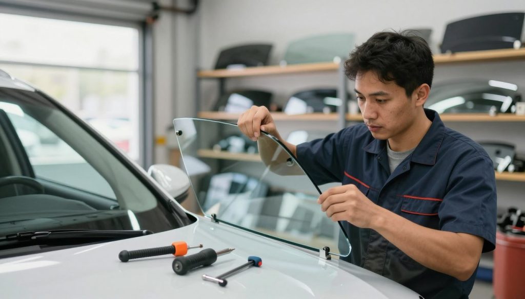 A close-up view of a professional auto glass technician in smart work attire, diligently installing premium quality auto glass on a car in a bright, well-lit garage. The foreground features gleaming tools and precise instruments, emphasizing quality craftsmanship. In the middle ground, the technician focuses on the glass, showcasing detailed techniques as they carefully align the glass with the frame. The background displays various auto glass pieces neatly organized on shelves, hinting at a vast selection. Soft, natural lighting filters in through garage windows, creating an inviting and professional atmosphere, while a soft-focus effect enhances the image's clarity and appeal. The scene conveys trust and expertise in auto glass repair, embodying high-quality materials and methods. A close-up view of a professional auto glass technician in smart work attire, diligently installing premium quality auto glass on a car in a bright, well-lit garage. The foreground features gleaming tools and precise instruments, emphasizing quality craftsmanship. In the middle ground, the technician focuses on the glass, showcasing detailed techniques as they carefully align the glass with the frame. The background displays various auto glass pieces neatly organized on shelves, hinting at a vast selection. Soft, natural lighting filters in through garage windows, creating an inviting and professional atmosphere, while a soft-focus effect enhances the image's clarity and appeal. The scene conveys trust and expertise in auto glass repair, embodying high-quality materials and methods.