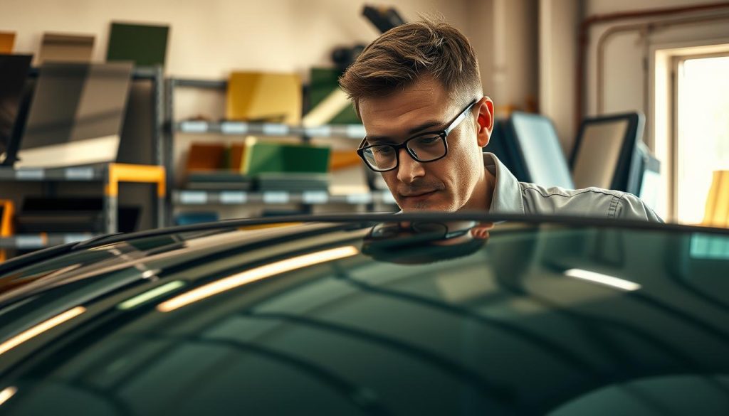A close-up view of a professional auto glass technician inspecting a high-quality windshield in a shop, with tools and glass samples nearby, emphasizing the texture and clarity of the glass. The foreground features a transparent windshield showing reflections of the surrounding environment, while the technician, dressed in a neat uniform, is examining its quality under bright, even lighting. In the middle background, shelves display various types of auto glass, highlighting different quality factors such as thickness and UV protection. The overall atmosphere is one of expertise and diligence, set in a clean and organized auto glass repair facility, with warm natural light filtering through the windows, creating a professional yet approachable mood.