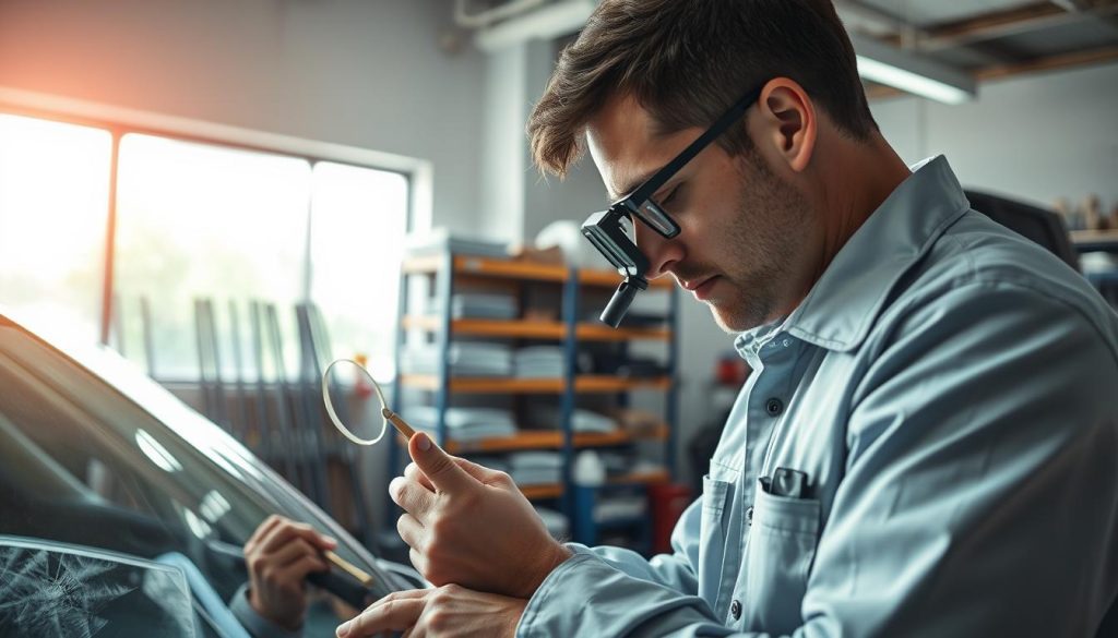 A close-up view of a professional technician evaluating a cracked windshield in a bright, well-lit auto repair shop. In the foreground, the technician, wearing a clean work uniform, intently examines the damage with a specialized magnifying tool. The middle ground features tools and windshield repair kits neatly organized, illustrating the decision-making process. The background shows a shelf stocked with various types of windshields and a large window bringing in natural light, enhancing the clarity of the scene. The atmosphere is focused and industrious, with an emphasis on precision and expertise. Shot with a slight tilt focusing on the technician's hands and tools, capturing a sense of urgency and professionalism.