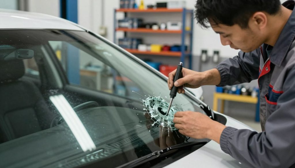 A close-up view of a skilled auto technician carefully replacing a shattered rear auto glass on a car. The technician, dressed in professional work attire, is using specialized tools, with shards of broken glass visible on the ground. In the background, the interior of a well-lit auto repair shop is seen, with various auto parts and tools neatly organized on shelves. Soft, diffused lighting enhances the scene, casting gentle shadows that emphasize the focus on the technician’s meticulous work. The composition captures a sense of urgency and professionalism, highlighting the importance of timely auto glass replacement. The angle is slightly above eye level, giving a comprehensive view of the technician's actions and the intricate details of the rear glass. A close-up view of a skilled auto technician carefully replacing a shattered rear auto glass on a car. The technician, dressed in professional work attire, is using specialized tools, with shards of broken glass visible on the ground. In the background, the interior of a well-lit auto repair shop is seen, with various auto parts and tools neatly organized on shelves. Soft, diffused lighting enhances the scene, casting gentle shadows that emphasize the focus on the technician’s meticulous work. The composition captures a sense of urgency and professionalism, highlighting the importance of timely auto glass replacement. The angle is slightly above eye level, giving a comprehensive view of the technician's actions and the intricate details of the rear glass.