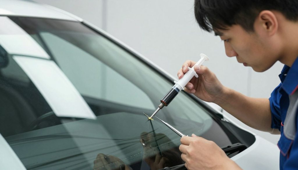 A close-up view of a skilled technician performing a windshield chip repair on a car, highlighting the precision and care involved in the process. The technician, dressed in a professional uniform, uses specialized tools to inject resin into a small chip on the glass. In the foreground, show the repair tool and resin syringe clearly, with reflections of the technician's focused expression visible on the windshield. The middle ground features a pristine car with the sun reflecting off its surface, creating a bright atmosphere. In the background, a clean, modern garage setting reinforces a professional environment. Soft, natural lighting illuminates the scene, enhancing the clarity of the chip and the technician's handiwork, conveying a sense of reliability and competence. A close-up view of a skilled technician performing a windshield chip repair on a car, highlighting the precision and care involved in the process. The technician, dressed in a professional uniform, uses specialized tools to inject resin into a small chip on the glass. In the foreground, show the repair tool and resin syringe clearly, with reflections of the technician's focused expression visible on the windshield. The middle ground features a pristine car with the sun reflecting off its surface, creating a bright atmosphere. In the background, a clean, modern garage setting reinforces a professional environment. Soft, natural lighting illuminates the scene, enhancing the clarity of the chip and the technician's handiwork, conveying a sense of reliability and competence.