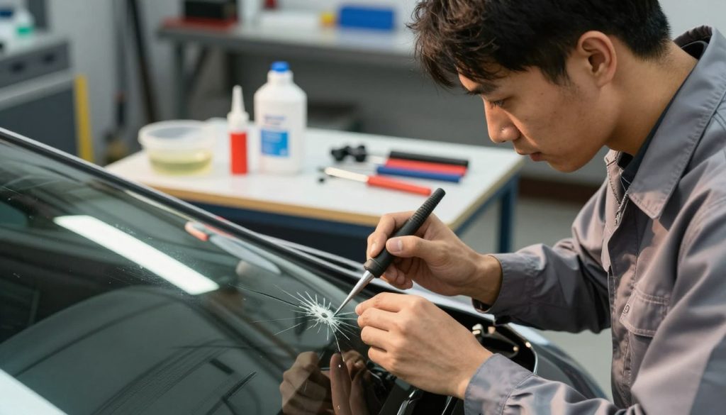 A close-up view of a skilled technician, wearing a neatly pressed uniform, focused intently on repairing a windshield chip in a modern, well-lit garage. The foreground features the technician's hands holding specialized tools, gently addressing a small crack in the glass, with a light shine reflecting off the windshield surface. In the middle, a bright LED workbench illuminates the area, showcasing various repair materials, like resin and applicators, creating an organized, professional appearance. In the background, soft shadows hint at additional automotive equipment and tools, emphasizing the dedicated atmosphere of a repair shop. The overall mood is efficient and hopeful, highlighting the importance of timely repairs with natural lighting casting a warm glow on the scene. A close-up view of a skilled technician, wearing a neatly pressed uniform, focused intently on repairing a windshield chip in a modern, well-lit garage. The foreground features the technician's hands holding specialized tools, gently addressing a small crack in the glass, with a light shine reflecting off the windshield surface. In the middle, a bright LED workbench illuminates the area, showcasing various repair materials, like resin and applicators, creating an organized, professional appearance. In the background, soft shadows hint at additional automotive equipment and tools, emphasizing the dedicated atmosphere of a repair shop. The overall mood is efficient and hopeful, highlighting the importance of timely repairs with natural lighting casting a warm glow on the scene.