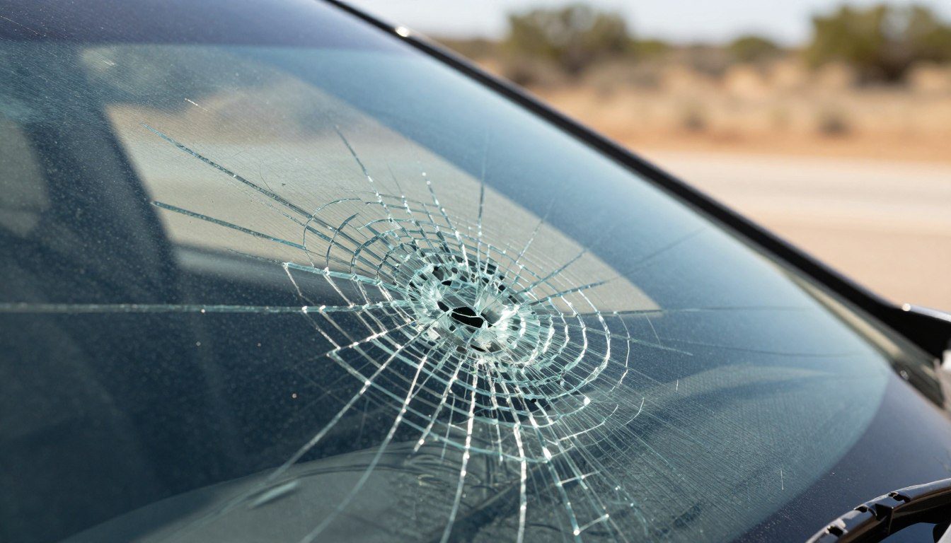A close-up view of a windshield with significant heat damage, showcasing a series of intricate cracks and distortions caused by intense sunlight. The foreground focuses on the textured surface of the glass, with fine details of shattered edges illuminated by bright, harsh sunlight, casting reflections that highlight the damage. In the middle ground, a blurred background of an arid Texas landscape can be seen, with sunbaked earth and sparse vegetation that emphasizes the heat. The atmosphere is one of dry intensity, evoking the relentless sun that causes these damages. The lighting is strong and defined, creating dramatic contrasts between light and shadow. The image should convey the urgency of assessing windshield damage for repair or replacement without any text or distractions.
