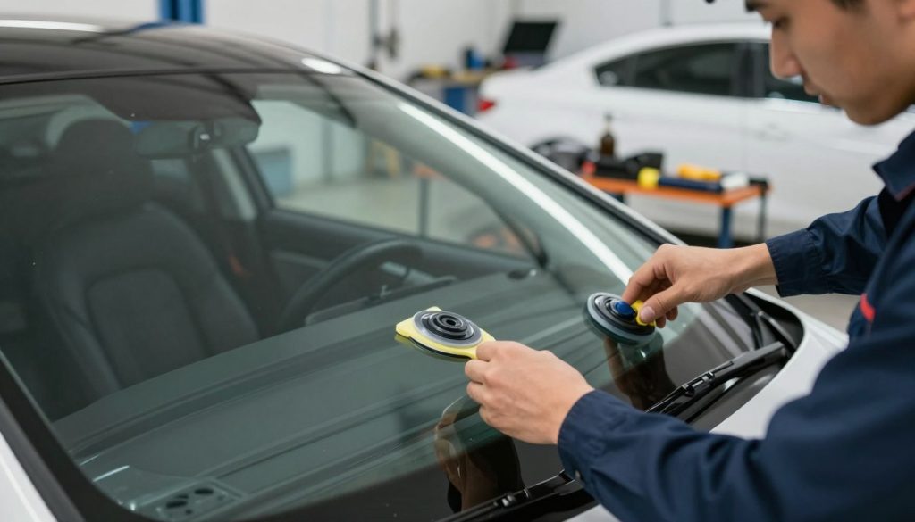 A close-up view of an aftermarket windshield being installed on a modern vehicle. The foreground features a technician in a professional uniform, carefully aligning the glass, showcasing precise attention to detail. In the middle ground, tools like suction cups and adhesive are visible, emphasizing the installation process. The background reveals a well-lit automotive shop with other cars and tools, hinting at a busy environment. Soft lighting casts gentle reflections on the windshield, enhancing its clarity and quality. The atmosphere is focused and professional, illustrating the theme of cost-effective auto repair. The angle is slightly elevated, capturing both the technician and the windshield in an engaging composition. A close-up view of an aftermarket windshield being installed on a modern vehicle. The foreground features a technician in a professional uniform, carefully aligning the glass, showcasing precise attention to detail. In the middle ground, tools like suction cups and adhesive are visible, emphasizing the installation process. The background reveals a well-lit automotive shop with other cars and tools, hinting at a busy environment. Soft lighting casts gentle reflections on the windshield, enhancing its clarity and quality. The atmosphere is focused and professional, illustrating the theme of cost-effective auto repair. The angle is slightly elevated, capturing both the technician and the windshield in an engaging composition.