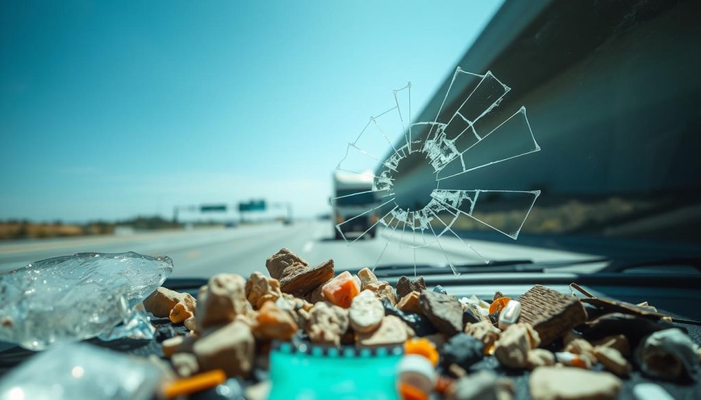 A close-up view of various types of road debris commonly found on Texas highways, arranged artfully in the foreground. Include pieces like shattered glass, small rocks, tire fragments, and litter. In the middle ground, depict a cracked windshield of a vehicle to illustrate the impact of debris, with subtle reflections of highway scenes. The background should show a blurred panorama of a Texas highway under a clear blue sky, highlighting the open landscape. Use natural daylight to cast soft shadows, creating a realistic feel. Capture the scene from a low angle to emphasize the debris and windshield while evoking a sense of caution and awareness about road safety. Aim for a visually compelling, informative image, reflecting the hazards of road debris for drivers.