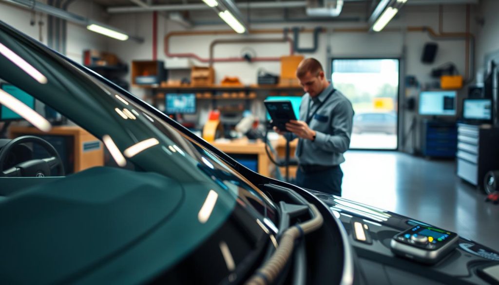 A detailed and informative illustration showcasing the concept of vehicle make model calibration cost, specifically relating to windshield calibration in San Antonio. In the foreground, feature a close-up of a modern car with its windshield visible, highlighting its advanced sensor technology utilized for calibration. In the middle ground, display a technician in professional attire using specialized equipment to calibrate the vehicle's sensors, demonstrating the intricate process involved. The background should depict a well-organized auto shop with tools and diagnostic screens, exuding a professional atmosphere. Soft, even lighting enhances the clarity of the scene, while a focus on depth-of-field with a slight bokeh effect emphasizes the vehicle and technician in action. The overall mood conveys professionalism and expertise in the field of vehicle calibration.