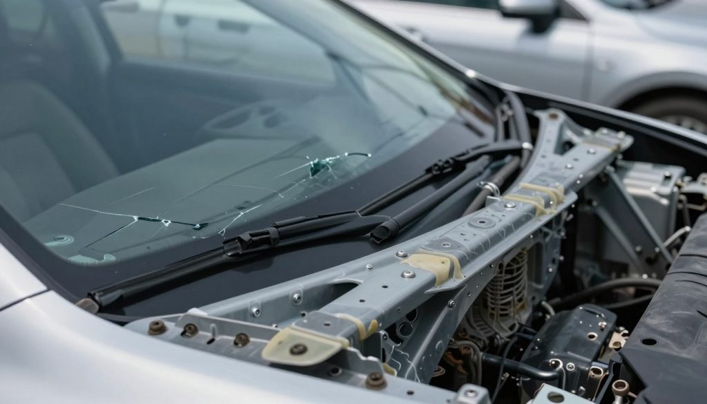 A detailed close-up of a windshield structural support system, highlighting its robust construction and engineering elements. In the foreground, showcase the intricate design of the support, made of reinforced steel and polymer adhesives, capturing fine textures and bolt details. The middle ground features a partially shattered windshield, illustrating the impact and revealing the underlying support framework. In the background, a blurred vehicle body is present, emphasizing the importance of the support system in maintaining vehicle integrity during an accident. Use soft, diffused lighting to accentuate the textures, with a slight perspective tilt to convey depth and realism. The overall mood is serious and informative, reflecting the critical nature of vehicle safety regulations. A detailed close-up of a windshield structural support system, highlighting its robust construction and engineering elements. In the foreground, showcase the intricate design of the support, made of reinforced steel and polymer adhesives, capturing fine textures and bolt details. The middle ground features a partially shattered windshield, illustrating the impact and revealing the underlying support framework. In the background, a blurred vehicle body is present, emphasizing the importance of the support system in maintaining vehicle integrity during an accident. Use soft, diffused lighting to accentuate the textures, with a slight perspective tilt to convey depth and realism. The overall mood is serious and informative, reflecting the critical nature of vehicle safety regulations.