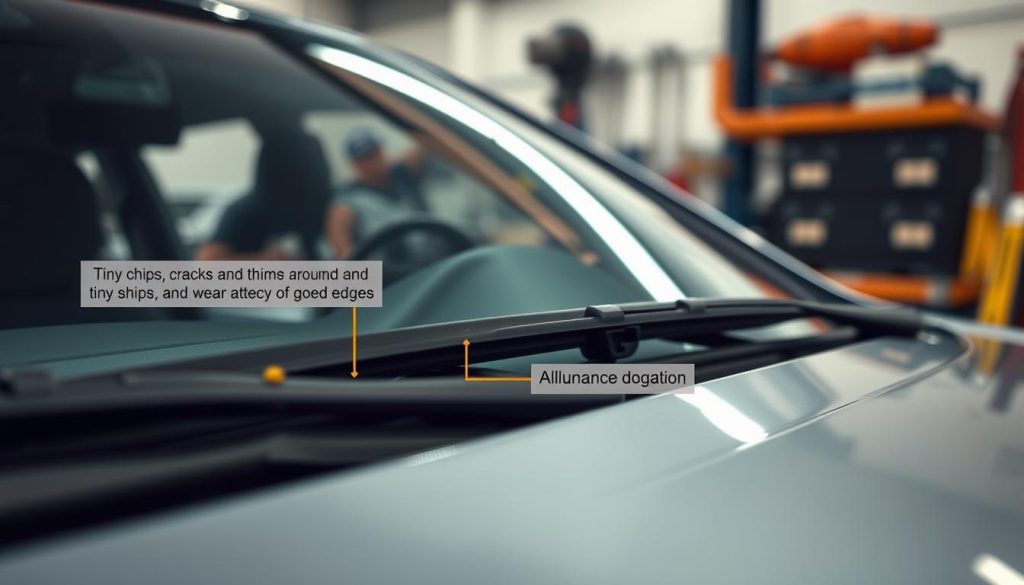 A detailed close-up view of a car's windshield components, showcasing the wiper blades, adhesive strips, and structural framework in the foreground, emphasizing their textures and materials. In the middle ground, illustrate potential vulnerabilities such as tiny chips, cracks, and wear around the edges, with highlighted areas of deterioration illuminated softly by ambient lighting, giving a sense of realism. The background should be slightly blurred, featuring out-of-focus automotive tools and maintenance equipment to convey a workshop atmosphere. Use a neutral color palette with crisp lighting to enhance the visibility of details. The overall mood should be informative and professional, aiming to educate viewers about the importance of auto glass maintenance for safety and visibility.