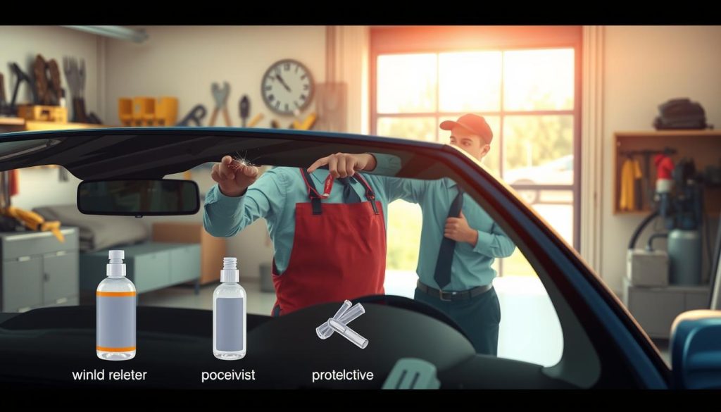 A detailed illustration displaying expert tips for preventing windshield damage. In the foreground, a professional mechanic in business attire is inspecting a car's windshield, pointing at small chips and cracks. In the middle ground, there are visual elements representing proactive measures: a bottle of windshield repair resin, a protective cover, and a portable vacuum cleaner. The background features a bright, well-lit garage with tools neatly organized on walls and a clear view of a sunny day outside, symbolizing clarity and focus. The atmosphere is informative and practical. Use soft natural lighting to enhance visibility, and a shallow depth of field to keep the focus on the mechanic and the windshield.