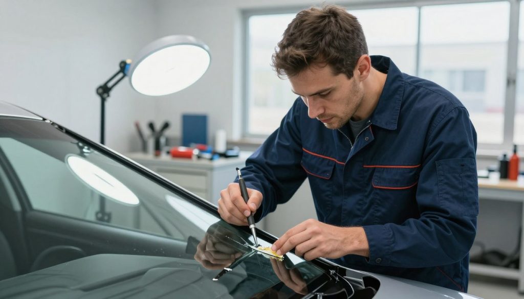 A detailed image of a windshield chip repair process, focusing on a professional technician in a clean, well-lit auto shop. In the foreground, show the technician, dressed in a navy blue uniform, carefully applying resin to a small chip on a windshield with precision tools. The technician's facial expression reflects concentration and expertise. In the middle ground, include a variety of repair tools neatly arranged on a workbench, along with a bright, illuminating light focused on the windshield repair area. In the background, display a clean and organized workshop environment with large windows allowing natural light to enhance the atmosphere, creating a sense of trust and professionalism. The overall mood of the image conveys diligence and care in addressing windshield damage. A detailed image of a windshield chip repair process, focusing on a professional technician in a clean, well-lit auto shop. In the foreground, show the technician, dressed in a navy blue uniform, carefully applying resin to a small chip on a windshield with precision tools. The technician's facial expression reflects concentration and expertise. In the middle ground, include a variety of repair tools neatly arranged on a workbench, along with a bright, illuminating light focused on the windshield repair area. In the background, display a clean and organized workshop environment with large windows allowing natural light to enhance the atmosphere, creating a sense of trust and professionalism. The overall mood of the image conveys diligence and care in addressing windshield damage.