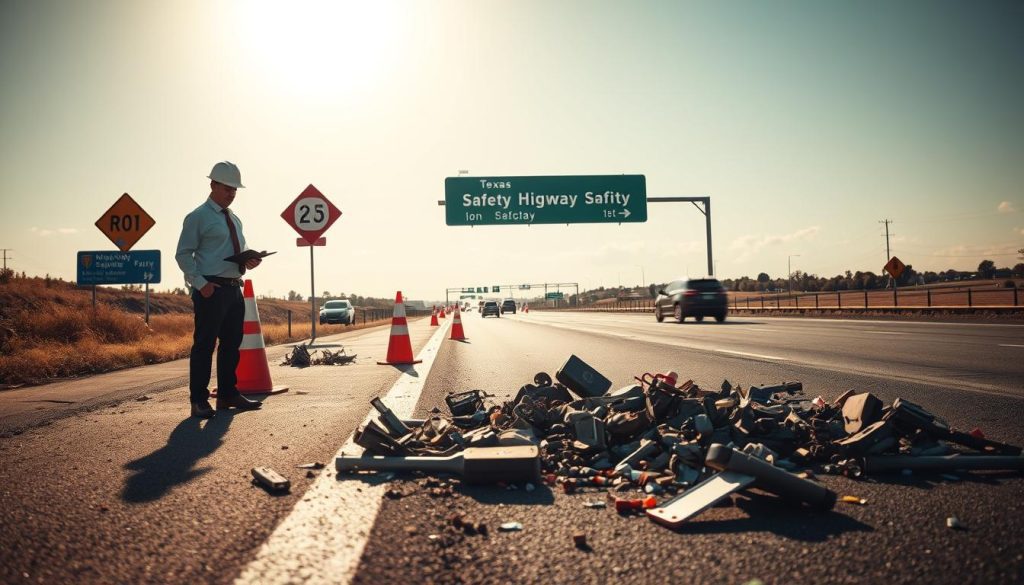 A detailed scene depicting a Texas highway with road debris scattered on the pavement, highlighting safety concerns. In the foreground, a representative figure in professional business attire, wearing a hard hat, surveys the debris, symbolizing legal considerations. In the middle ground, warning signs and safety cones are strategically placed to emphasize regulations on highway safety. The background features a stretch of Texas highway under a bright sky, with distant vehicles to suggest traffic flow and potential hazards. The image is illuminated by soft, natural daylight, enhancing visibility while conveying a sense of alertness. The overall mood is serious yet informative, designed to reflect the importance of safety regulations concerning roadway debris.