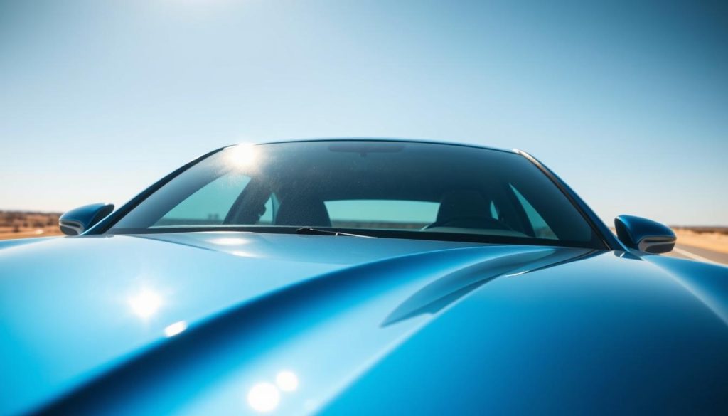 A focused view of an AS-1 line windshield on a contemporary vehicle, showcasing its distinct tinting and curvature. In the foreground, highlight the detailing of the windshield, emphasizing the tint gradient and the polished edges reflecting sunlight. The middle ground features the sleek lines of the car body, painted in a metallic blue, with the windshield seamlessly integrating into the design. In the background, a sunny Texas landscape is visible, showcasing clear blue skies and minimalistic road along a horizon that hints at the state’s flat terrain. The lighting is bright and sharp, enhancing the transparency of the tinted section while casting softer shadows around the vehicle. The overall atmosphere is professional and informative, making it ideal for an article on windshield laws.