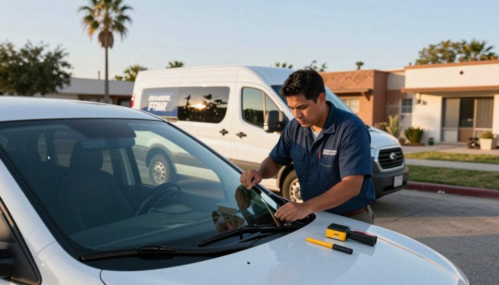 A mobile auto glass repair technician working on a windshield in a San Antonio neighborhood. In the foreground, the technician, dressed in a professional uniform, carefully installs a new windshield, tools laid out neatly beside them. The middle ground features a modern, well-equipped service van with mobile branding. Surrounding are typical San Antonio elements, such as palm trees and traditional adobe-style homes, showcasing the local atmosphere. In the background, a clear blue sky with soft, golden sunlight enhances the scene, giving a warm and inviting feel. The angle captures the technician's focused expression, emphasizing the attention to detail in their work while reflecting the community vibe of San Antonio. A mobile auto glass repair technician working on a windshield in a San Antonio neighborhood. In the foreground, the technician, dressed in a professional uniform, carefully installs a new windshield, tools laid out neatly beside them. The middle ground features a modern, well-equipped service van with mobile branding. Surrounding are typical San Antonio elements, such as palm trees and traditional adobe-style homes, showcasing the local atmosphere. In the background, a clear blue sky with soft, golden sunlight enhances the scene, giving a warm and inviting feel. The angle captures the technician's focused expression, emphasizing the attention to detail in their work while reflecting the community vibe of San Antonio.
