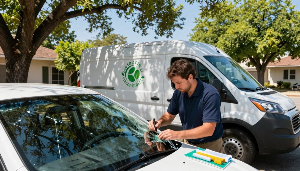 A mobile auto glass repair van parked under a sun-dappled tree in a vibrant San Antonio neighborhood. In the foreground, a professional technician in a polo shirt and work pants is carefully examining a cracked windshield with eco-friendly repair materials laid out nearby. The middle ground features the van with its logo promoting sustainability and a visible sense of cleanliness. In the background, there are lush green trees and a clear blue sky, conveying a fresh, eco-conscious atmosphere. The lighting is bright and natural, creating a warm, inviting mood. The angle is slightly elevated, capturing both the technician’s focused work and the serene environment, emphasizing the harmony between car maintenance and ecological awareness. A mobile auto glass repair van parked under a sun-dappled tree in a vibrant San Antonio neighborhood. In the foreground, a professional technician in a polo shirt and work pants is carefully examining a cracked windshield with eco-friendly repair materials laid out nearby. The middle ground features the van with its logo promoting sustainability and a visible sense of cleanliness. In the background, there are lush green trees and a clear blue sky, conveying a fresh, eco-conscious atmosphere. The lighting is bright and natural, creating a warm, inviting mood. The angle is slightly elevated, capturing both the technician’s focused work and the serene environment, emphasizing the harmony between car maintenance and ecological awareness.