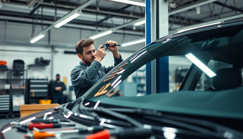 A modern auto repair shop with a focus on windshield installation. In the foreground, a technician in professional attire carefully places a new windshield onto a vehicle, using precision tools that emphasize industry standards. The technician's focused expression shows expertise, while the vehicle is supported on a hydraulic lift. In the middle ground, various installation tools and materials are neatly organized on a workbench, showcasing best practices. The background features an organized garage with bright, even lighting that highlights the attention to detail in the workspace. The atmosphere is professional and meticulous, with a sense of dedication to quality and safety in every aspect of the installation process.