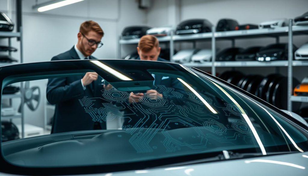 A modern automotive workshop displaying recent innovations in windshield technology, focusing on noise reduction features. In the foreground, an advanced, transparent windshield with embedded sound-dampening sensors is showcased, reflecting intricate circuit patterns. In the middle ground, a technician in professional business attire inspects the windshield, using high-tech tools. In the background, shelves lined with modern automotive technology and windshields designed for sound insulation. Soft, even lighting highlights the sleek materials, creating an atmosphere of innovation and professionalism. The angle is slightly tilted, giving a dynamic view of the workshop, emphasizing both the windshield and the innovative technology surrounding it.