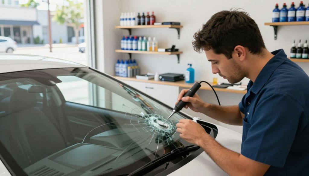 A modern windshield repair shop in San Antonio, Texas, with a technician in professional attire examining a cracked windshield under bright, natural daylight. In the foreground, there’s a detailed view of the technician using specialized tools, showcasing the intricate process of repair. The middle ground features the shop’s clean, organized workspace, with shelves of equipment and products such as resin and glass patches. In the background, a sunny San Antonio street with subtle hints of local architecture conveys the city's atmosphere. The image should be bright and inviting, emphasizing the efficiency and professionalism of the repair process while communicating the importance of quick service for cost-effective outcomes. Capture the scene from a slightly elevated angle to provide a comprehensive overview, with soft shadows enhancing the technical details. A modern windshield repair shop in San Antonio, Texas, with a technician in professional attire examining a cracked windshield under bright, natural daylight. In the foreground, there’s a detailed view of the technician using specialized tools, showcasing the intricate process of repair. The middle ground features the shop’s clean, organized workspace, with shelves of equipment and products such as resin and glass patches. In the background, a sunny San Antonio street with subtle hints of local architecture conveys the city's atmosphere. The image should be bright and inviting, emphasizing the efficiency and professionalism of the repair process while communicating the importance of quick service for cost-effective outcomes. Capture the scene from a slightly elevated angle to provide a comprehensive overview, with soft shadows enhancing the technical details.