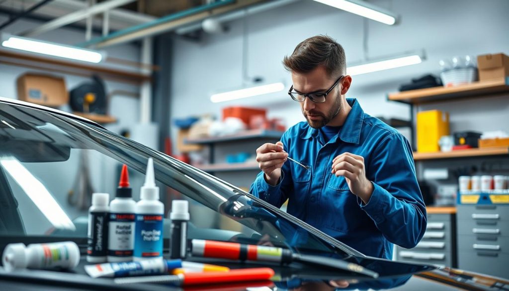 A professional auto glass repair technician in a brightly lit garage, wearing a clean blue work uniform, meticulously inspecting a car windshield for leaks. In the foreground, tools and repair materials such as glass sealant, adhesive, and a windshield repair kit are neatly arranged on a workbench. The middle ground features the technician focused on applying a specialized resin to a small crack in the windshield, showcasing the precision required for expert repair. The background reveals an organized workshop with shelves holding glass tools and safety equipment, illuminated by soft overhead lights that create a welcoming and efficient atmosphere. The image captures a sense of professionalism and expertise in auto glass repair solutions, ideal for highlighting specialized services in San Antonio.