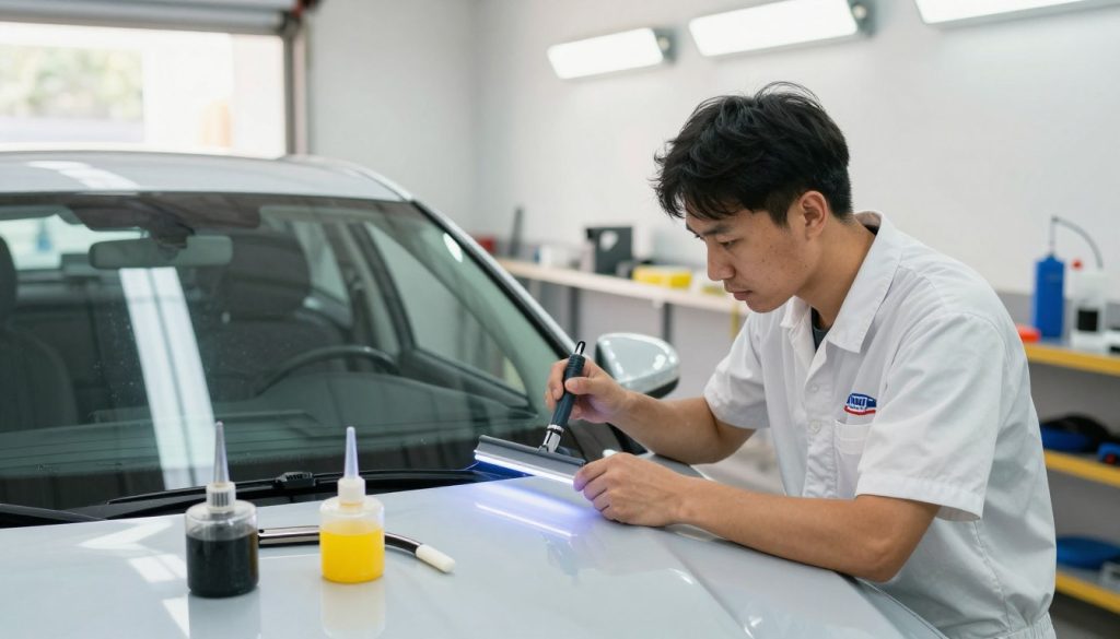 A professional auto glass repair technician, wearing a clean uniform with a logo, is examining a car windshield inside a brightly lit garage. In the foreground, tools and equipment for windshield repair are neatly arranged, including resin, a UV light machine, and a squeegee. The technician is focused, showcasing expertise and attentiveness. In the middle ground, a car with a recently repaired windshield is parked, reflecting a sense of satisfaction for a job well done. The background features bright overhead lights and neatly organized workstations, exuding a clean and efficient atmosphere. Natural light filters in through a window, illuminating the scene, creating a warm and welcoming mood that reinforces trust in the service provided. The image captures a sense of professionalism and reassurance in auto glass repair. A professional auto glass repair technician, wearing a clean uniform with a logo, is examining a car windshield inside a brightly lit garage. In the foreground, tools and equipment for windshield repair are neatly arranged, including resin, a UV light machine, and a squeegee. The technician is focused, showcasing expertise and attentiveness. In the middle ground, a car with a recently repaired windshield is parked, reflecting a sense of satisfaction for a job well done. The background features bright overhead lights and neatly organized workstations, exuding a clean and efficient atmosphere. Natural light filters in through a window, illuminating the scene, creating a warm and welcoming mood that reinforces trust in the service provided. The image captures a sense of professionalism and reassurance in auto glass repair.