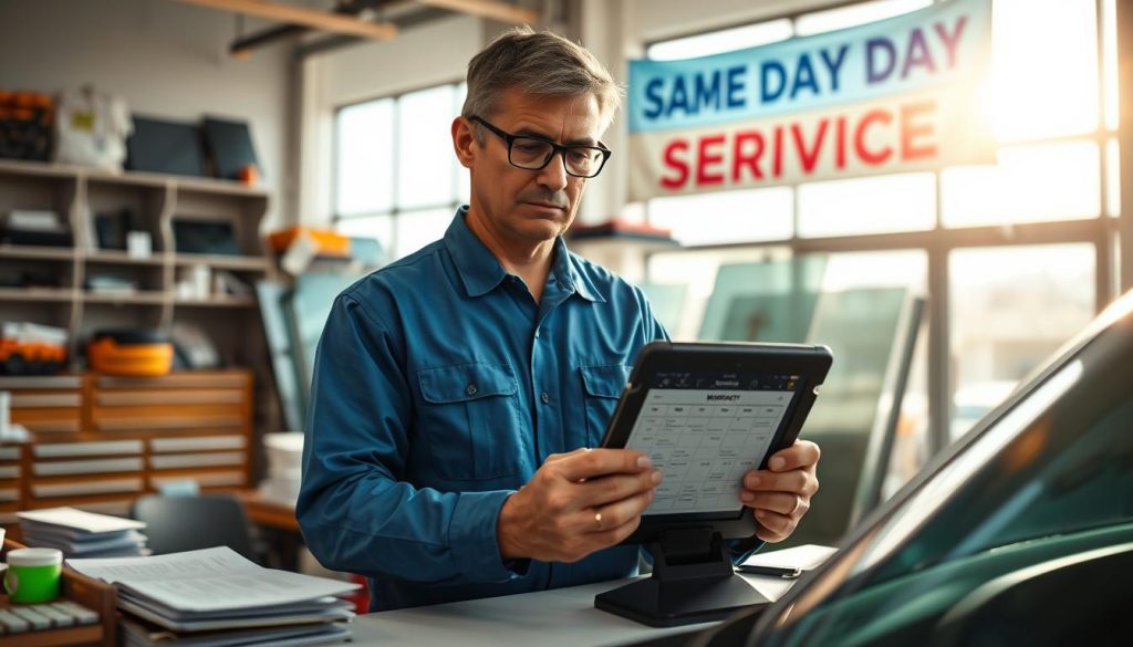 A professional auto glass technician dressed in a clean blue uniform stands confidently at a desk cluttered with paperwork, a scheduling calendar open beside them. The technician, a middle-aged person with short hair and glasses, checks a tablet displaying warranty options for car windshield repairs. In the background, a bright auto glass repair shop is visible, with sunlight filtering through large windows, casting a warm glow. Tools and glass panels are neatly organized on shelves, while a soft focus on a banner reading “Same Day Service” adds context. The atmosphere is busy yet organized, conveying efficiency and trustworthiness in service. The image captures a sense of urgency and professionalism, appealing to those needing quick auto glass solutions. The lens focuses closely on the technician while keeping the background softly blurred.