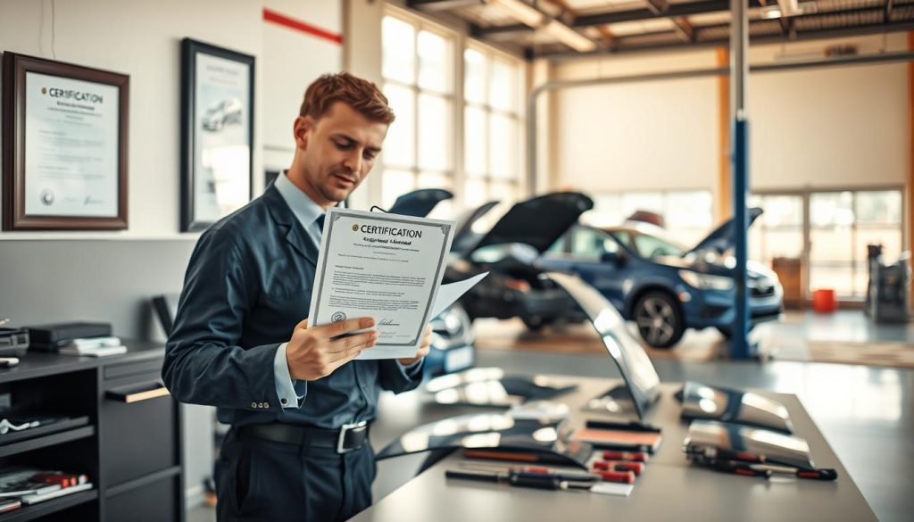 A professional auto glass technician examining a certification document under natural light, with a close-up focus on the framed certification on the wall showing recognized industry standards. In the foreground, the technician, dressed in smart business attire, holds a clipboard and inspects the document with a look of concentration, showcasing their experience and dedication. The middle ground features a neatly organized workbench with tools and auto glass pieces arranged, signifying the hands-on nature of their work. In the background, a warm, well-lit auto glass shop with large windows reveals vehicles in various stages of repair. The atmosphere conveys professionalism, trust, and attention to detail, with a bright and inviting color palette enhancing the feeling of reliability.