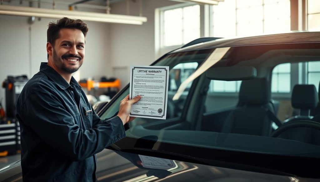 A professional auto glass technician in a clean, modern workshop, inspecting a pristine, newly installed windshield on a vehicle. In the foreground, the technician is demonstrating the warranty paperwork with a confident smile, dressed in a professional uniform. In the middle ground, tools and safety equipment are neatly arranged on a workbench, emphasizing a sense of quality workmanship and reliability. The background features bright, natural lighting pouring in through large windows, casting soft shadows that enhance the polished surfaces of the vehicle. The atmosphere conveys trust and assurance, illustrating the advantages of a lifetime warranty as an invaluable service benefit for vehicle owners, with a focus on safety and customer satisfaction.