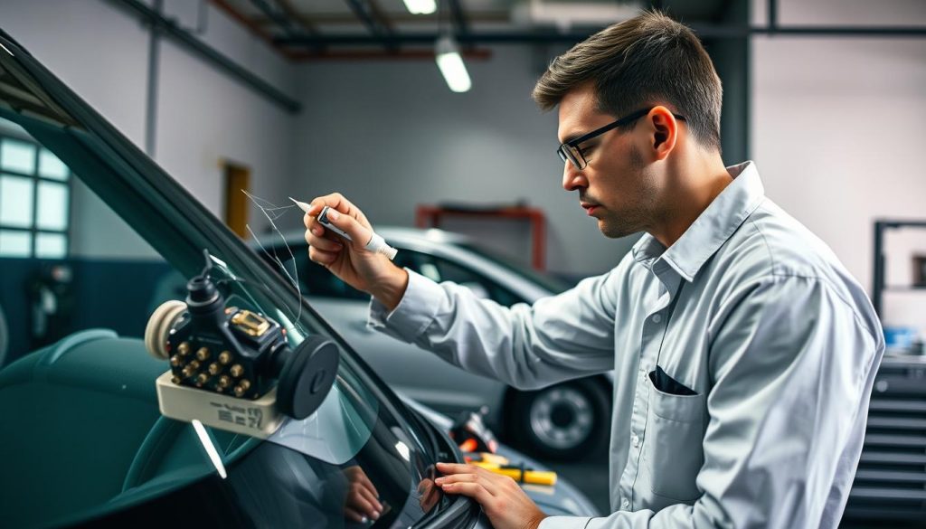 A professional auto glass technician in clean, modest clothing performs a quick auto glass repair in a modern garage setting. In the foreground, the technician carefully applies a specialized adhesive to a cracked windshield, with a focused expression. The middle ground features an assortment of auto repair tools and equipment neatly organized on a workbench, highlighting the efficiency of the process. The background shows a well-lit garage with a partially visible vehicle in need of the repair, showcasing a sense of urgency and professionalism. The lighting is bright and inviting, with soft shadows enhancing the details. The overall mood conveys a quick, effective, and reliable service, ideal for a same-day auto glass repair context in San Antonio.