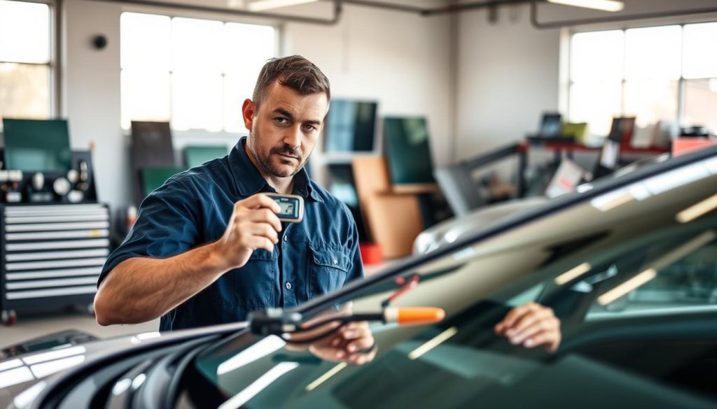 A professional auto glass technician wearing a crisp, navy blue uniform carefully inspects a vehicle's windshield in a modern automotive shop in San Antonio. In the foreground, the technician is holding a digital gauge for assessing glass thickness, his focused expression conveying dedication to safety. The middle ground features a clean and organized workshop with various tools and auto glass samples on display. In the background, large windows let in natural light, enhancing the shiny surfaces of the cars and tools while adding a sense of transparency and trustworthiness to the environment. The overall mood is serious yet hopeful, emphasizing the importance of making informed decisions about vehicle safety in a bright, professional setting.