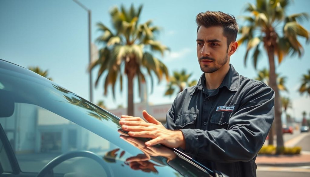 A professional auto glass technician working diligently on a car’s windshield, positioned prominently in the foreground. The technician wears a neat uniform, showcasing a logo emblematic of a trusted auto glass service. In the middle ground, a clean and modern auto glass workshop is visible, complete with tools and equipment, creating an environment of expertise and reliability. The background features a sunny San Antonio street, highlighting palm trees and a clear blue sky, giving a warm and inviting atmosphere. Use soft natural lighting to emphasize the technician's focused expression and the clarity of the glass. The angle captures the technician’s hands at work, conveying a sense of professionalism and trustworthiness in auto glass repair services.