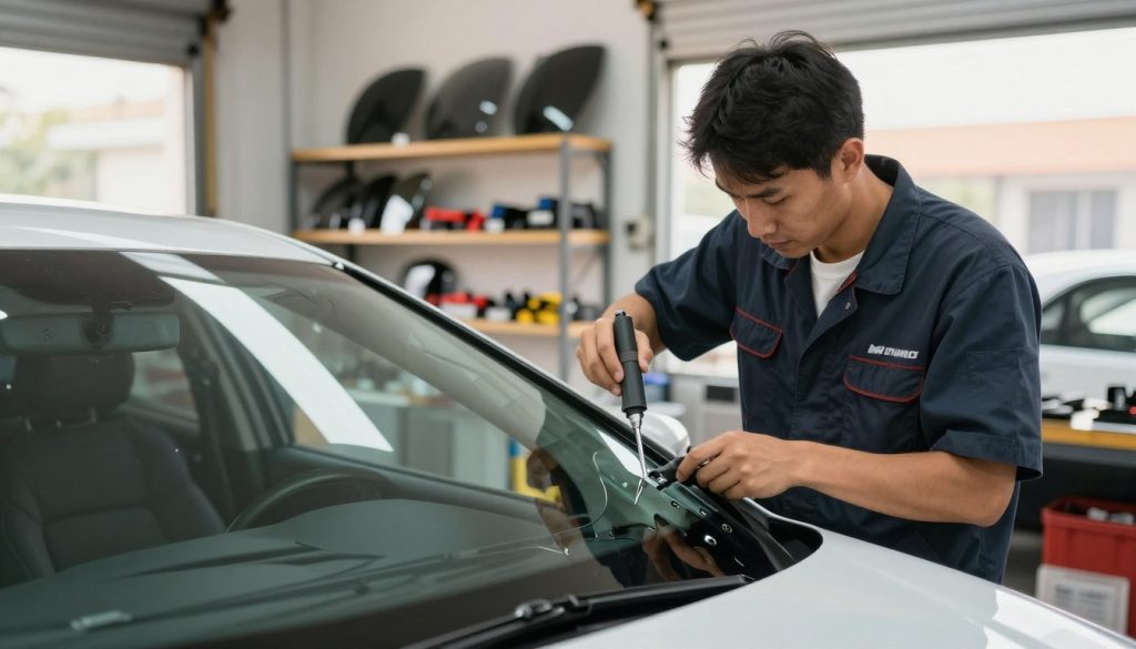 A professional auto glass technician working diligently on a vehicle in a clean, well-lit garage space, showcasing a low-cost windshield replacement service. The technician, dressed in professional business attire, is carefully removing a damaged windshield using specialized tools, conveying a sense of efficiency and expertise. In the background, shelves neatly organized with different windshield types and tools highlight the variety of services offered. Warm, natural light filters in through windows, creating a welcoming atmosphere that emphasizes affordability and quality. The shot is taken from a slightly low angle, focusing on the technician's concentration and the precision of their work, while capturing the essence of cost-effective auto glass repair. A professional auto glass technician working diligently on a vehicle in a clean, well-lit garage space, showcasing a low-cost windshield replacement service. The technician, dressed in professional business attire, is carefully removing a damaged windshield using specialized tools, conveying a sense of efficiency and expertise. In the background, shelves neatly organized with different windshield types and tools highlight the variety of services offered. Warm, natural light filters in through windows, creating a welcoming atmosphere that emphasizes affordability and quality. The shot is taken from a slightly low angle, focusing on the technician's concentration and the precision of their work, while capturing the essence of cost-effective auto glass repair.