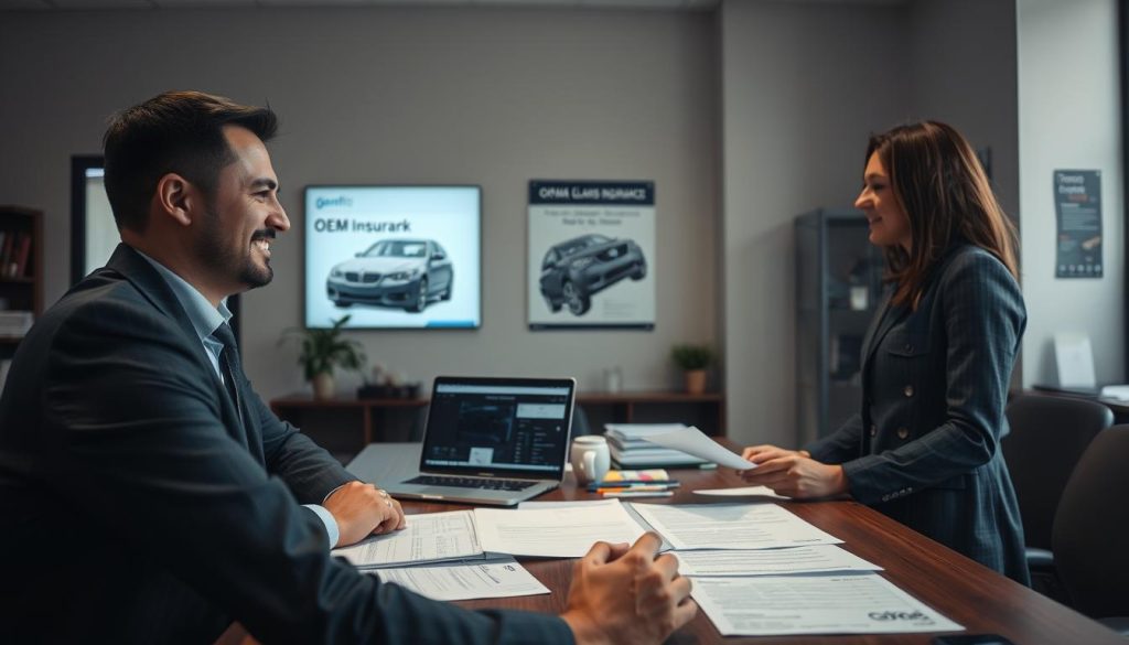 A professional auto insurance office setting, showcasing the insurance auto glass claim process. In the foreground, a friendly insurance agent in business attire is conversing with a customer, who is holding damaged windshield paperwork. In the middle, a large table filled with documents, a laptop displaying an insurance dashboard, and a smartphone showing an insurance app. In the background, there’s a wall with posters about OEM and aftermarket windshields and a shelf with brochures. Soft, diffuse lighting filters through a window, creating an inviting atmosphere. The angle captures the interaction clearly, emphasizing professionalism and trust within the insurance process.
