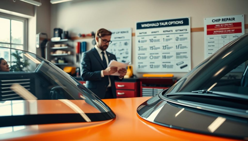 A professional comparison scene showcasing windshield repair options. In the foreground, a clear, separated image of a chipped windshield next to a fully replaced windshield, both displayed on a vibrant, well-lit table. In the middle ground, a person in business attire, examining repair kits and estimates, with a thoughtful expression. On a nearby wall, a large infographic highlights key differences between chip repair and full replacement. The background features a cozy, well-appointed auto service shop with tools and equipment tastefully arranged. Soft, natural lighting filters through a window, creating a warm atmosphere that emphasizes the importance of making an informed decision. The focus is sharp, with a slight depth of field to draw attention to the windshields and repair options.
