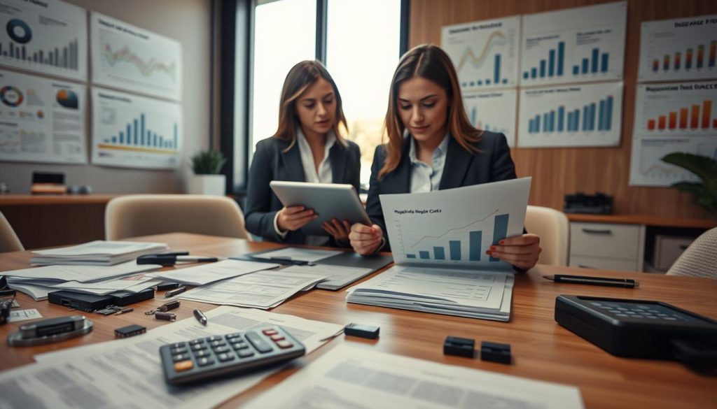 A professional office setting, showcasing a table filled with repair and replacement cost documents, insurance policy papers, and mechanical components like chips and circuit boards. In the foreground, a calculator and a notepad with cost calculations. In the middle ground, a diverse team of three people in professional business attire discussing the costs, with a focus on a woman analyzing a chart on a tablet. The background features a large window allowing soft, natural light to filter in, creating a warm atmosphere. The walls are adorned with charts and graphs depicting cost analyses and insurance insights. The mood is serious yet collaborative, emphasizing thoughtful consideration of financial decisions.