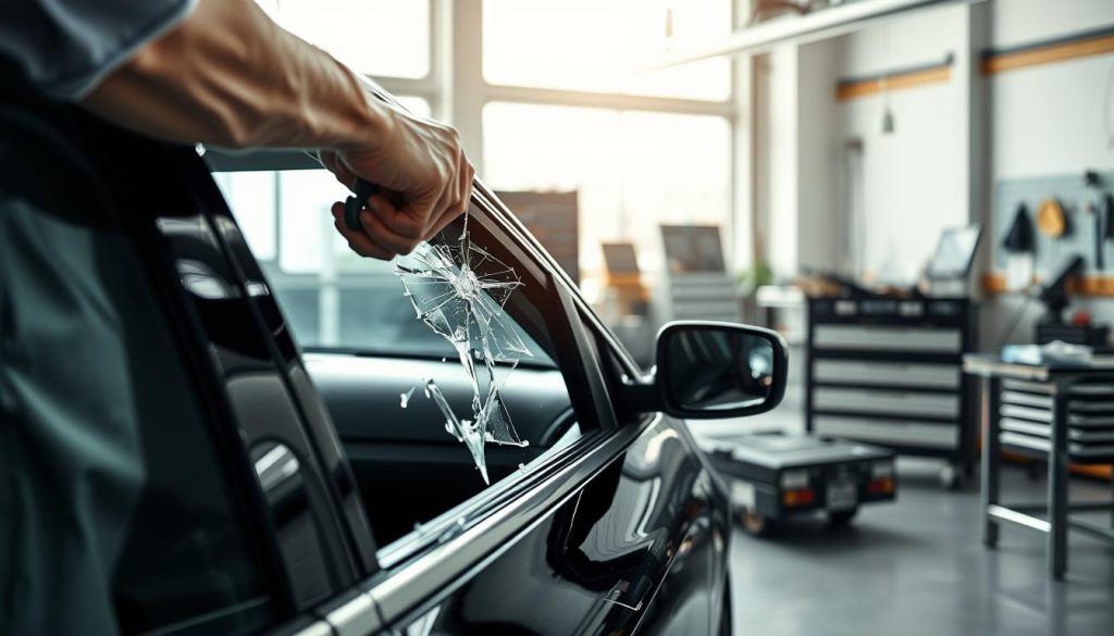 A professional window repair technician in a brightly lit workshop, dressed in a crisp work uniform, carefully replacement a shattered side window of a car. In the foreground, close-up of the technician's hands using specialized tools, such as a suction cup and a glass cutter, to remove the broken glass. The middle ground features the car with its door open, revealing the damaged window frame, while scattered glass shards glint in the light. In the background, a neatly organized tool station with workbenches and various glass replacement kits. The atmosphere is focused and professional, with natural light streaming in from a large workshop window, casting soft shadows that highlight the detailed process of window repair.