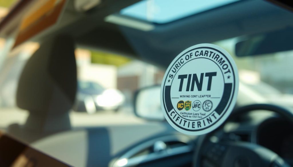 A realistic and detailed image of a window tint certification sticker, prominently displayed in the foreground, showcasing its distinct colors and patterns. The sticker features official symbols and certification details, visually clear and bright against a slightly blurred background of a parked car's windshield, emphasizing the sticker's importance in compliance. Soft natural light enters through the car window, creating reflections that add depth to the scene. The camera angle is slightly angled to capture both the sticker and some interior elements of the car, such as the steering wheel or dashboard, to provide context. The overall atmosphere should feel informative and professional, suitable for a legal and safety-related discussion.