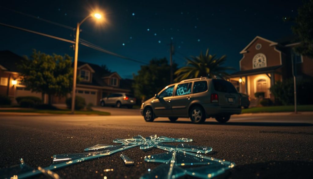 A shattered car window in a residential area of San Antonio, Texas, illuminated by the soft glow of a streetlamp under a starry night sky. In the foreground, the broken glass sparkles on the pavement, capturing reflections of nearby houses. The middle ground features a parked vehicle with its window smashed, surrounded by lush Texas flora. The background showcases traditional San Antonio architecture, with mission-style buildings and a hint of the city's vibrant nightlife. The image conveys a sense of unease and vulnerability, highlighting the unexpected intrusion of car vandalism. The lighting is moody yet clear, emphasizing the fragility of safety in an urban environment, with a focus on the shattered glass and damaged vehicle.