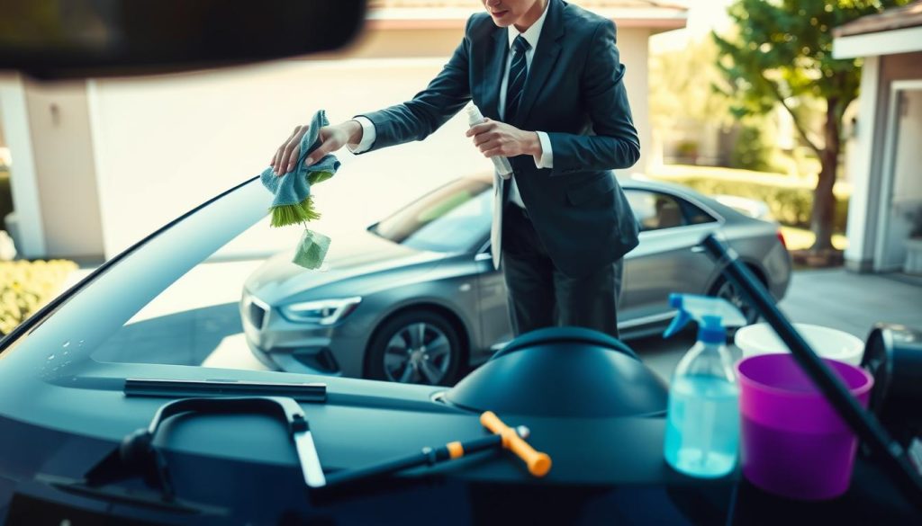 A well-organized scene depicting a daily windshield maintenance routine. In the foreground, a person dressed in professional business attire meticulously cleaning a car windshield using a microfiber cloth and detailing spray, showcasing attention to detail. The middle layer features a car parked in a driveway, partially surrounded by tools and cleaning supplies like a squeegee, bucket, and window cleaner. In the background, a bright, sunny day enhances the atmosphere, adding to the sense of clarity and focus on visibility. The lighting should be soft and natural, casting pleasant shadows to evoke a serene, productive mood. The angle should be slightly low, capturing both the person and the car while emphasizing the importance of daily maintenance.
