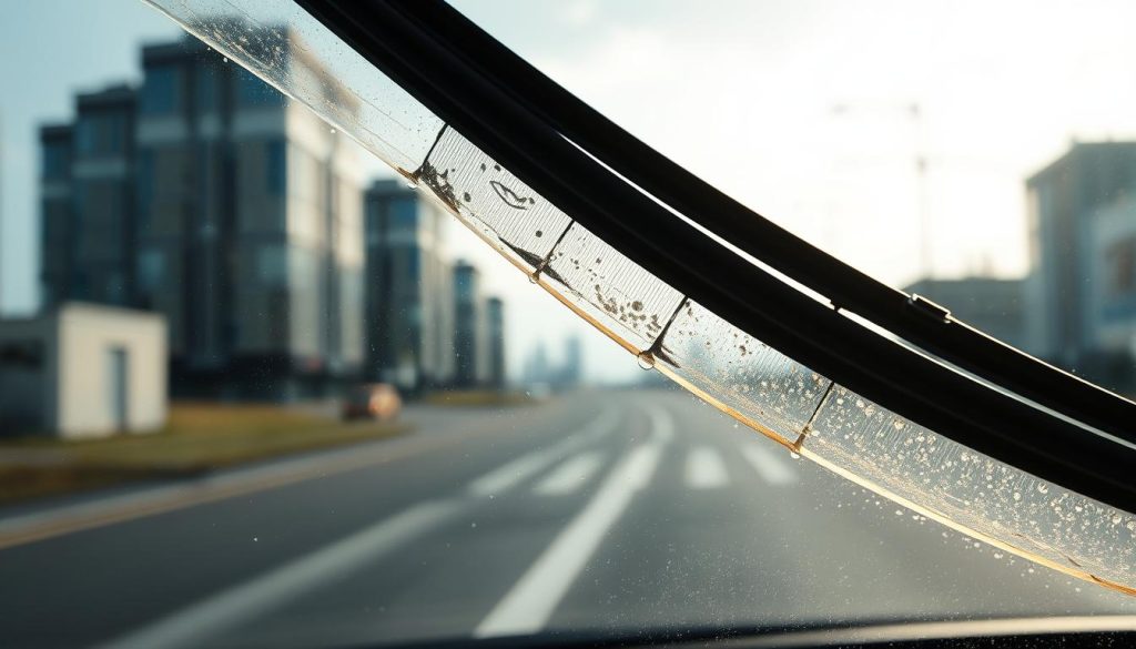 Close-up view of a windshield with a focus on worn wiper blades exhibiting clear signs of wear, such as frayed edges and cracks. The foreground features the wiper blades, positioned diagonally across the glass, with layers of dirt and water spots indicating ineffective cleaning. In the middle ground, the windshield reflects a blurred cityscape, adding context but not distracting from the main subject. The background includes soft, diffused natural sunlight illuminating the scene, creating a calm and informative atmosphere. The image should have a sharp focus on the wiper blades, shot from a slight low angle to highlight their condition, evoking a sense of concern about vehicle maintenance without any text or distractions.