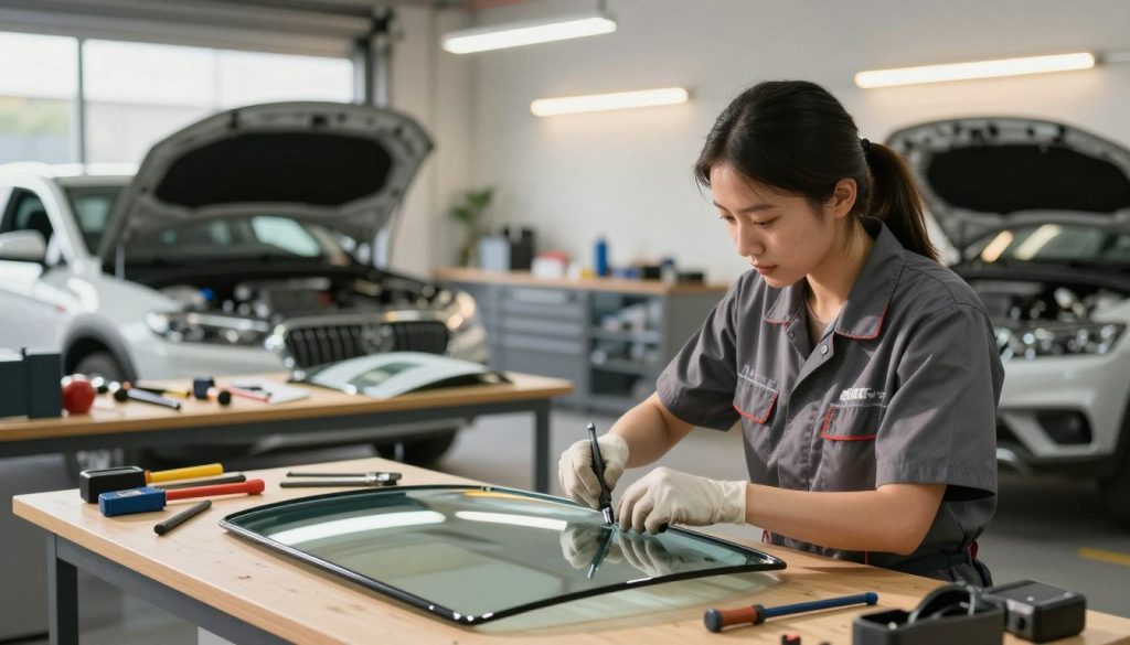 In a bright, well-organized auto glass repair shop, a skilled technician, dressed in a professional uniform, carefully performs a windshield replacement. The foreground captures her focused expression, with tools and a fresh windshield beside her. In the middle ground, a workbench displays various tools and replacement parts under warm, inviting overhead lighting, emphasizing a sense of quality and craftsmanship. In the background, a clean shop setup showcases a customer’s vehicle with its hood up, creating a welcoming atmosphere. Soft natural light filters in through windows, casting gentle shadows and enhancing the detailed textures of the shop. The mood feels professional yet approachable, illustrating affordability and quality in vehicle maintenance. In a bright, well-organized auto glass repair shop, a skilled technician, dressed in a professional uniform, carefully performs a windshield replacement. The foreground captures her focused expression, with tools and a fresh windshield beside her. In the middle ground, a workbench displays various tools and replacement parts under warm, inviting overhead lighting, emphasizing a sense of quality and craftsmanship. In the background, a clean shop setup showcases a customer’s vehicle with its hood up, creating a welcoming atmosphere. Soft natural light filters in through windows, casting gentle shadows and enhancing the detailed textures of the shop. The mood feels professional yet approachable, illustrating affordability and quality in vehicle maintenance.