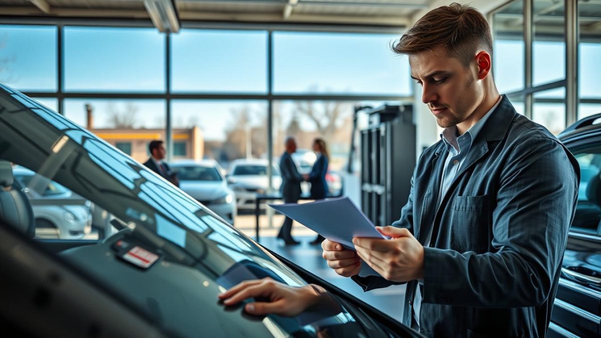 Man reviewing paperwork while inspecting a vehicle in an auto glass service center, highlighting the importance of quality workmanship and customer satisfaction at Miracle Auto Glass.