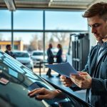 Man inspecting auto glass with paperwork in a service center, emphasizing quality and safety in auto glass replacement.