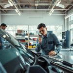 Auto glass technician inspecting windshield in repair shop, emphasizing expertise and personalized service in auto glass repair and replacement in San Antonio.